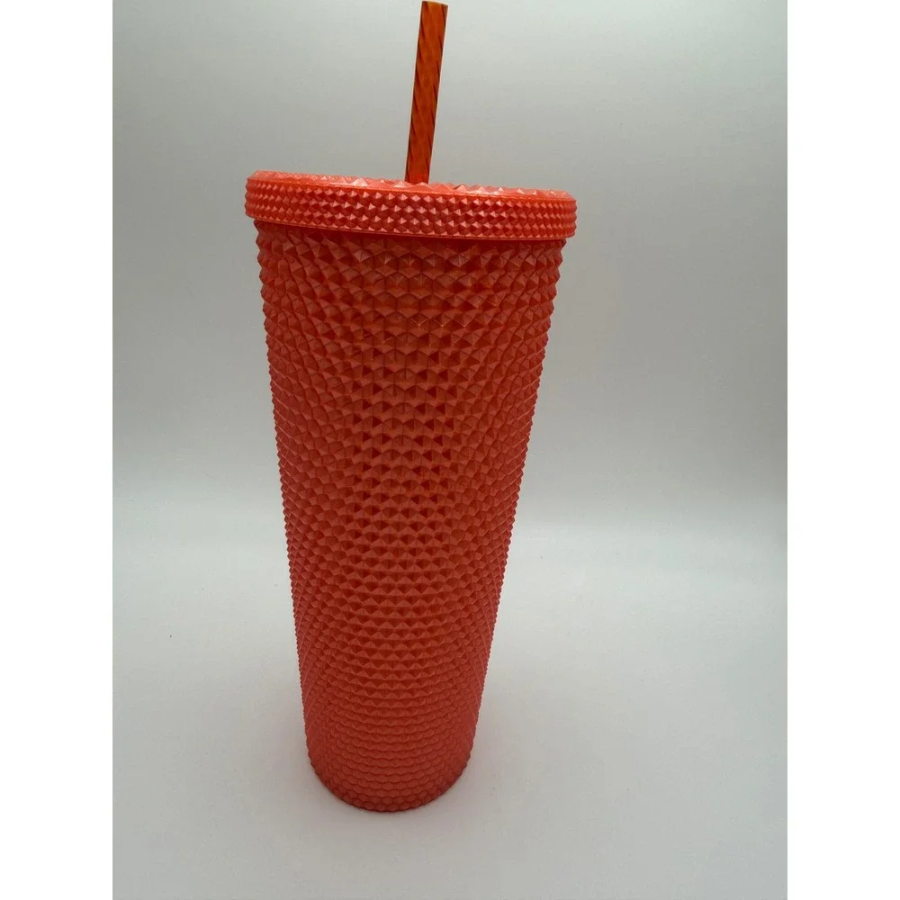 2021 Starbucks Coral Studded Cold Cup Tumbler 24 oz New With Straw